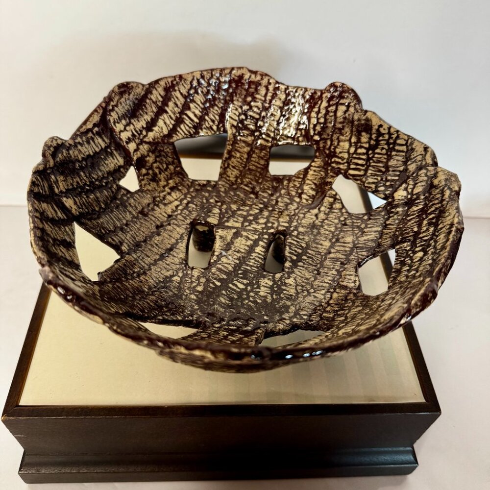 Art Studio Basket Weave Glazed Pottery Bowl 4 Footed Round Brown White READ